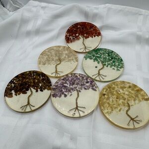 tree of life, coasters made of resin set of six multiple colors gold wire 3.25”